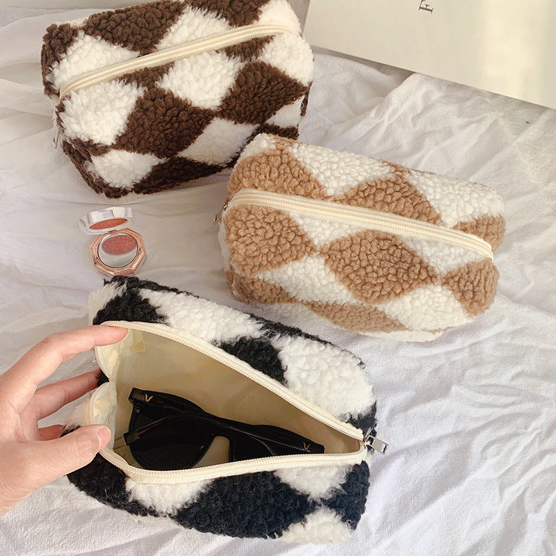 Niche Design Plaid Plush Pencil Case Large-Capacity Storage Bag