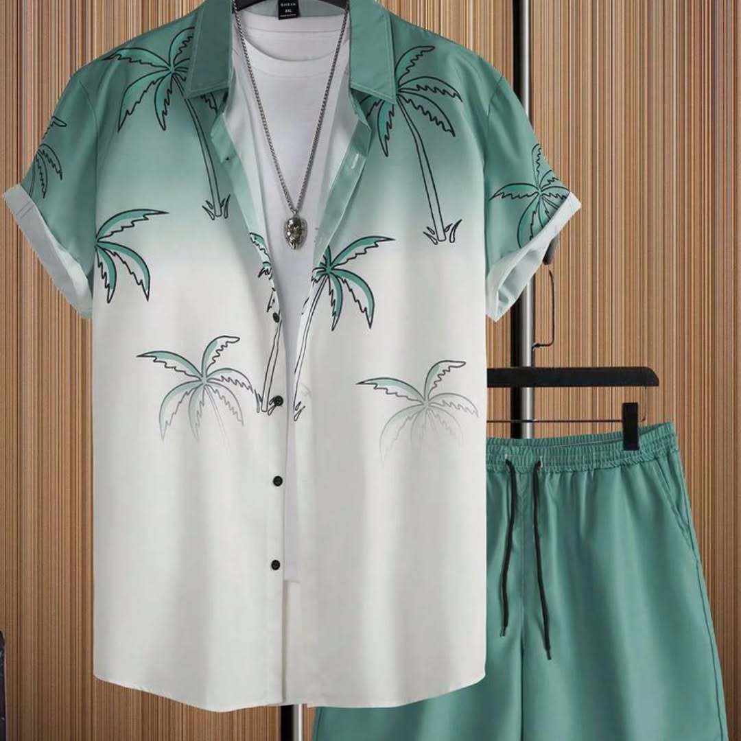 Mens 3D Digital-Print Shirt And Sports Suit Set