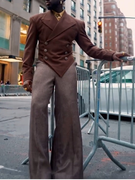 Dark Brown Pointed Collar Double-Breasted Blazer & Wide-Leg Flare Pants Set