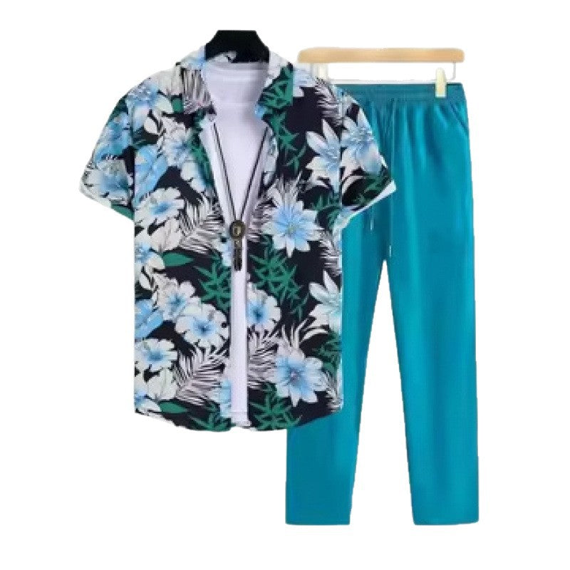 Mens Casual And Stylish Short-sleeve Shirt And Pants Set