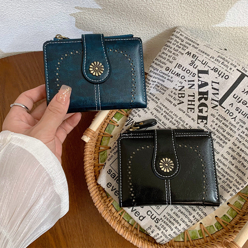 New Womens Oil-leather Wallet Vintage Short Style