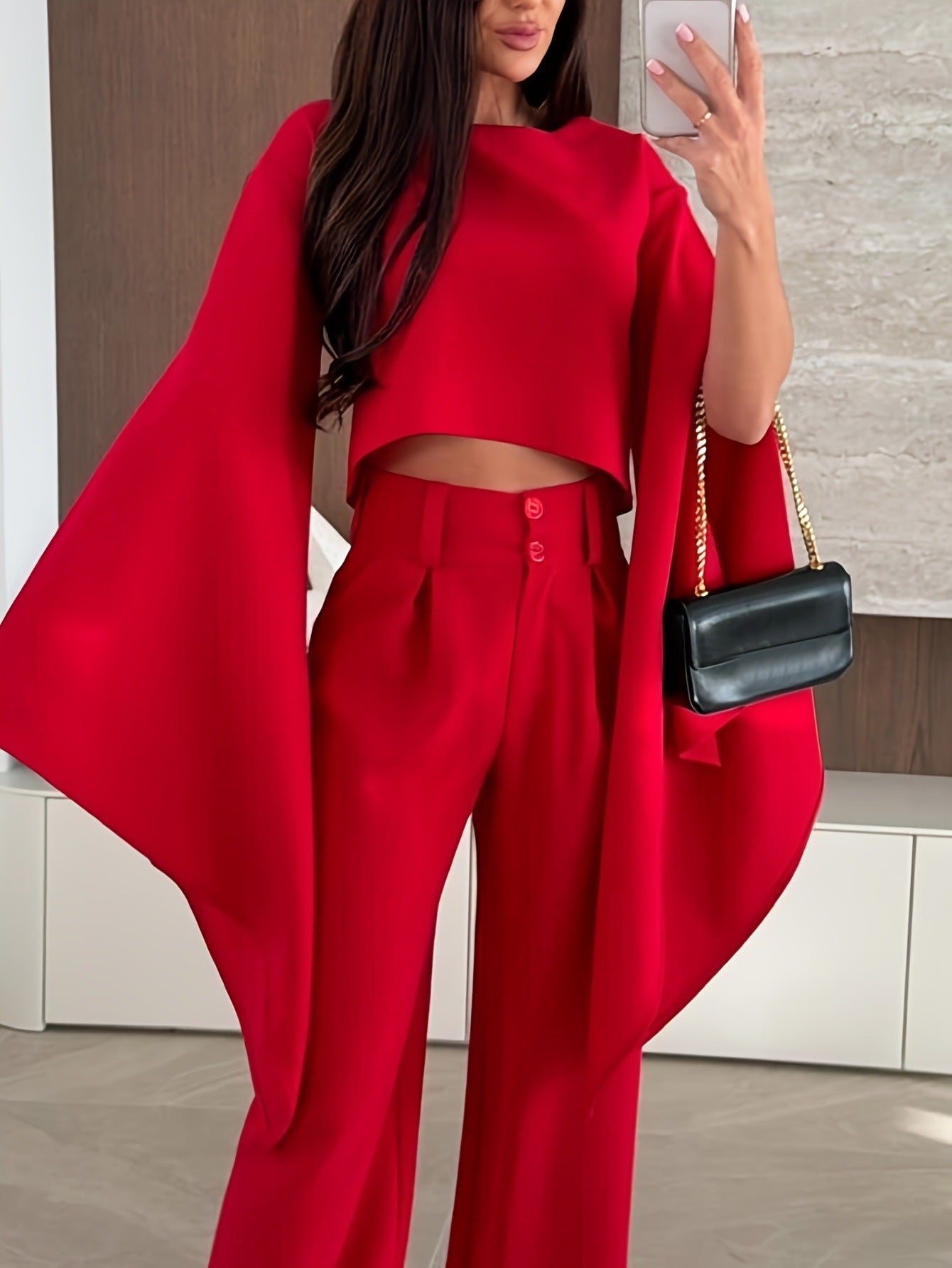 Womens Solid Color Casual Flare Sleeve T Shirt Single Piece Set