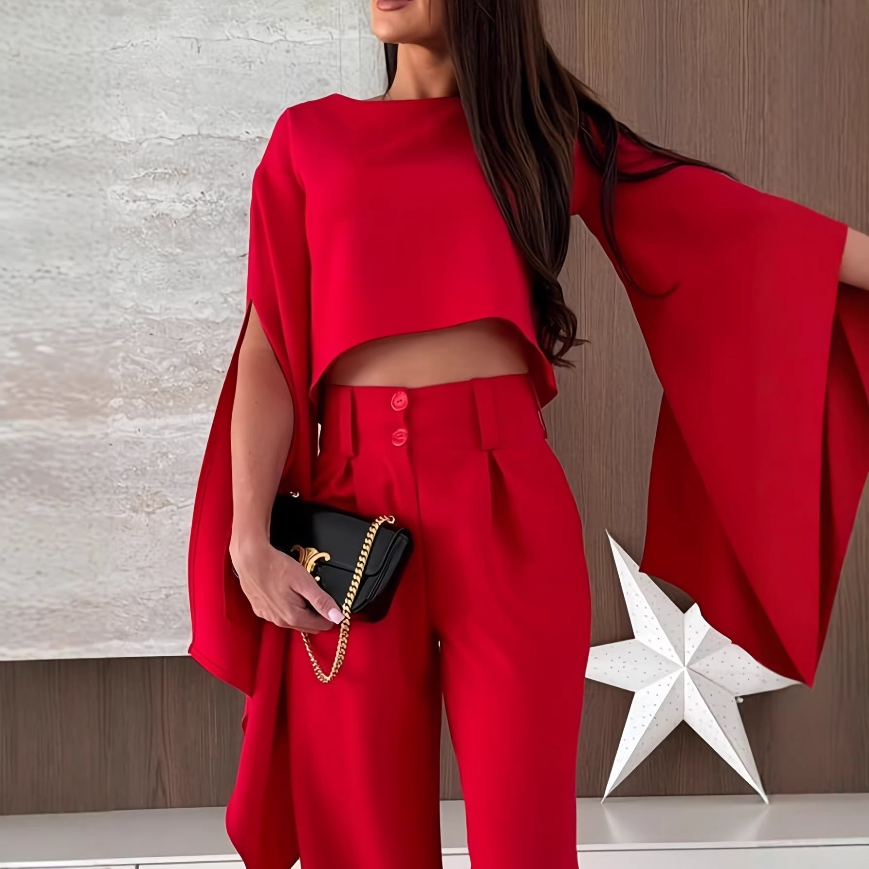 Womens Solid Color Casual Flare Sleeve T Shirt Single Piece Set