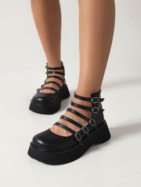 Womens High-top Shoes With A Thick Hollowed-out Leather Belt Buckle