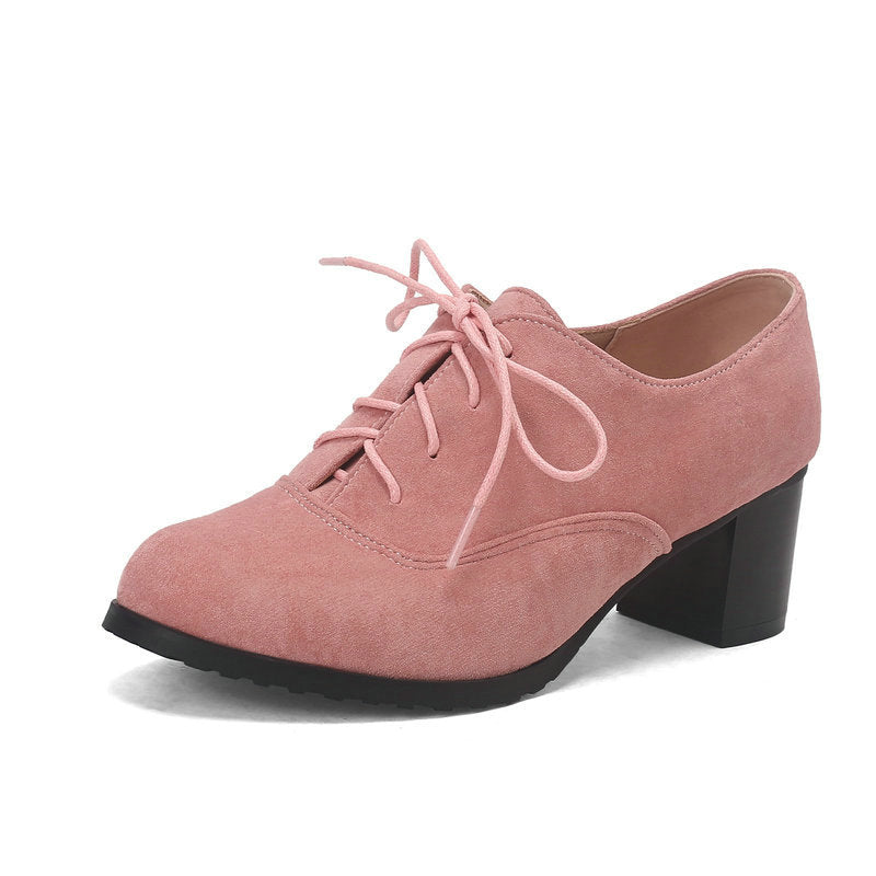 Womens Deep-v Cut Shoes With A Round Toe Chunky Heel And Matte Finish Featuring Front Lacing
