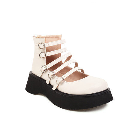 Womens High-top Shoes With A Thick Hollowed-out Leather Belt Buckle