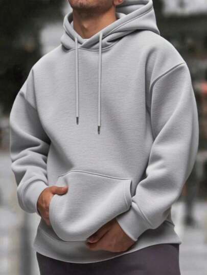 Mens Solid-Color Drop-Shoulder Long-Sleeve Hoodie
