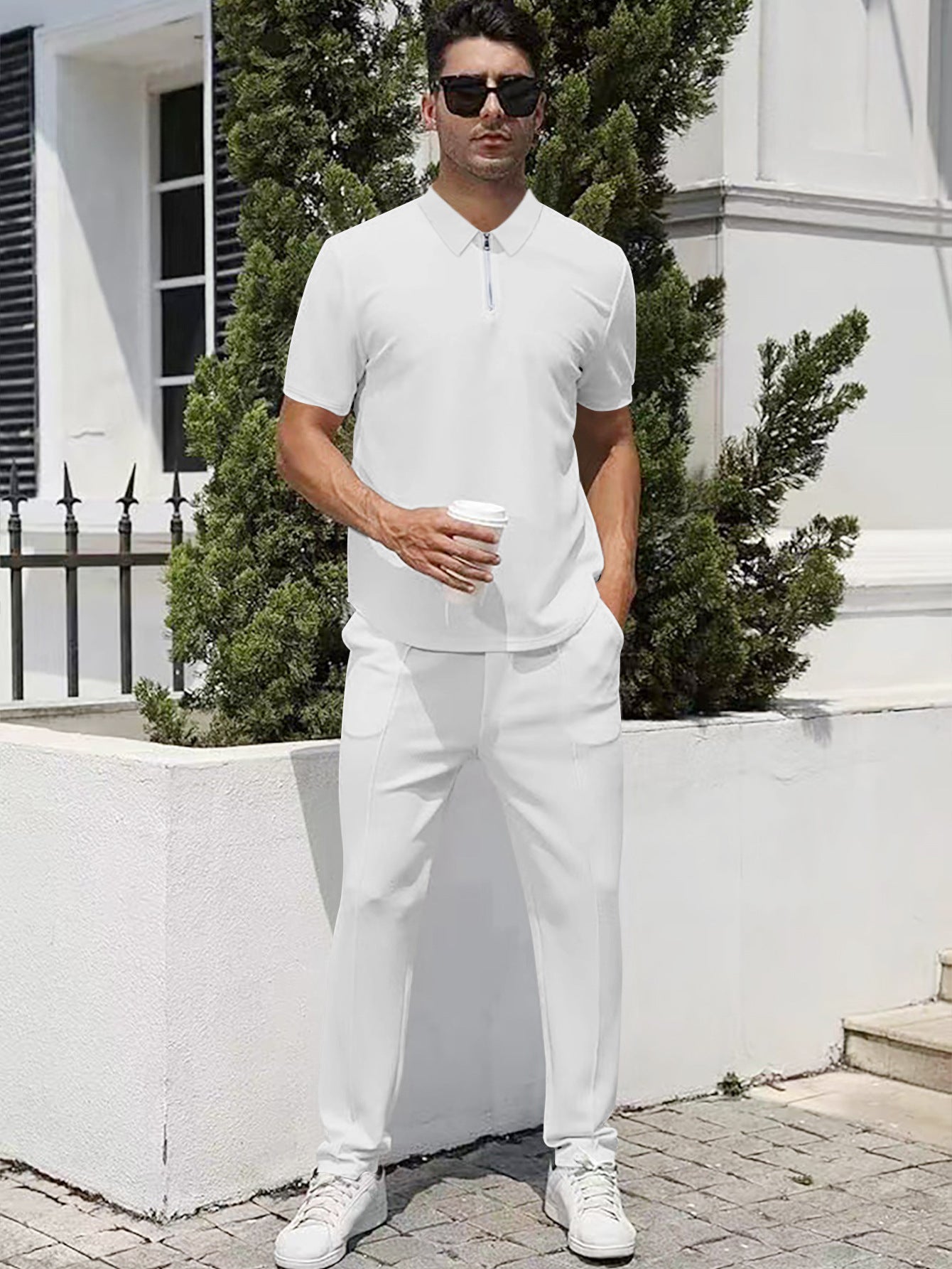 Summer Lightweight Zip Front Pants And Short Sleeve Top Set