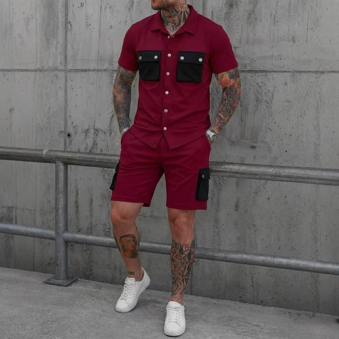 Mens Patchwork Multi-Pocket Sport Suit