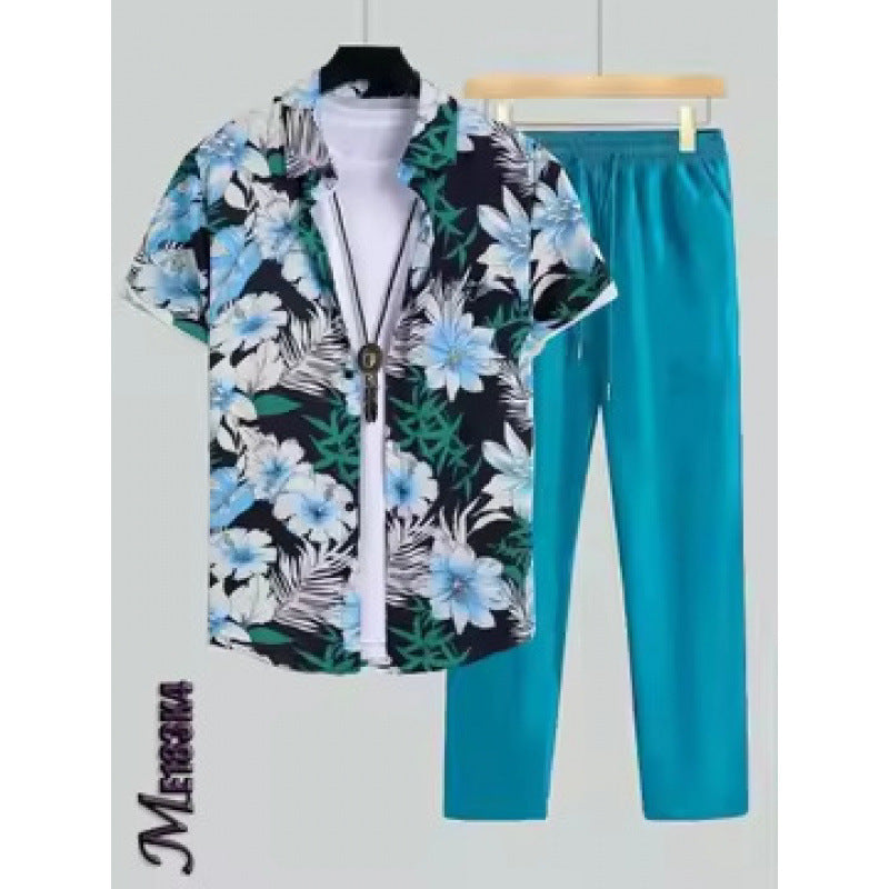 Mens Casual And Stylish Short-sleeve Shirt And Pants Set