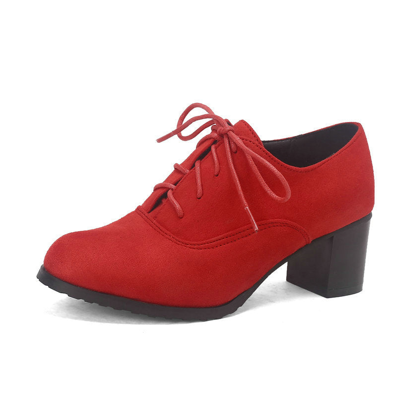 Womens Deep-v Cut Shoes With A Round Toe Chunky Heel And Matte Finish Featuring Front Lacing
