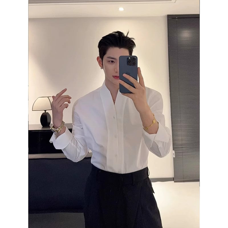 Mens French V-neck White Long-sleeve Shirt