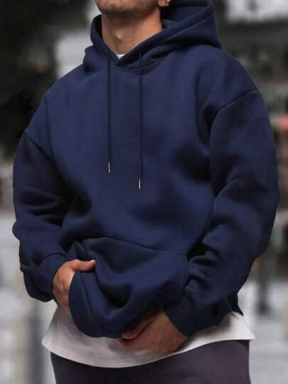 Mens Solid-Color Drop-Shoulder Long-Sleeve Hoodie