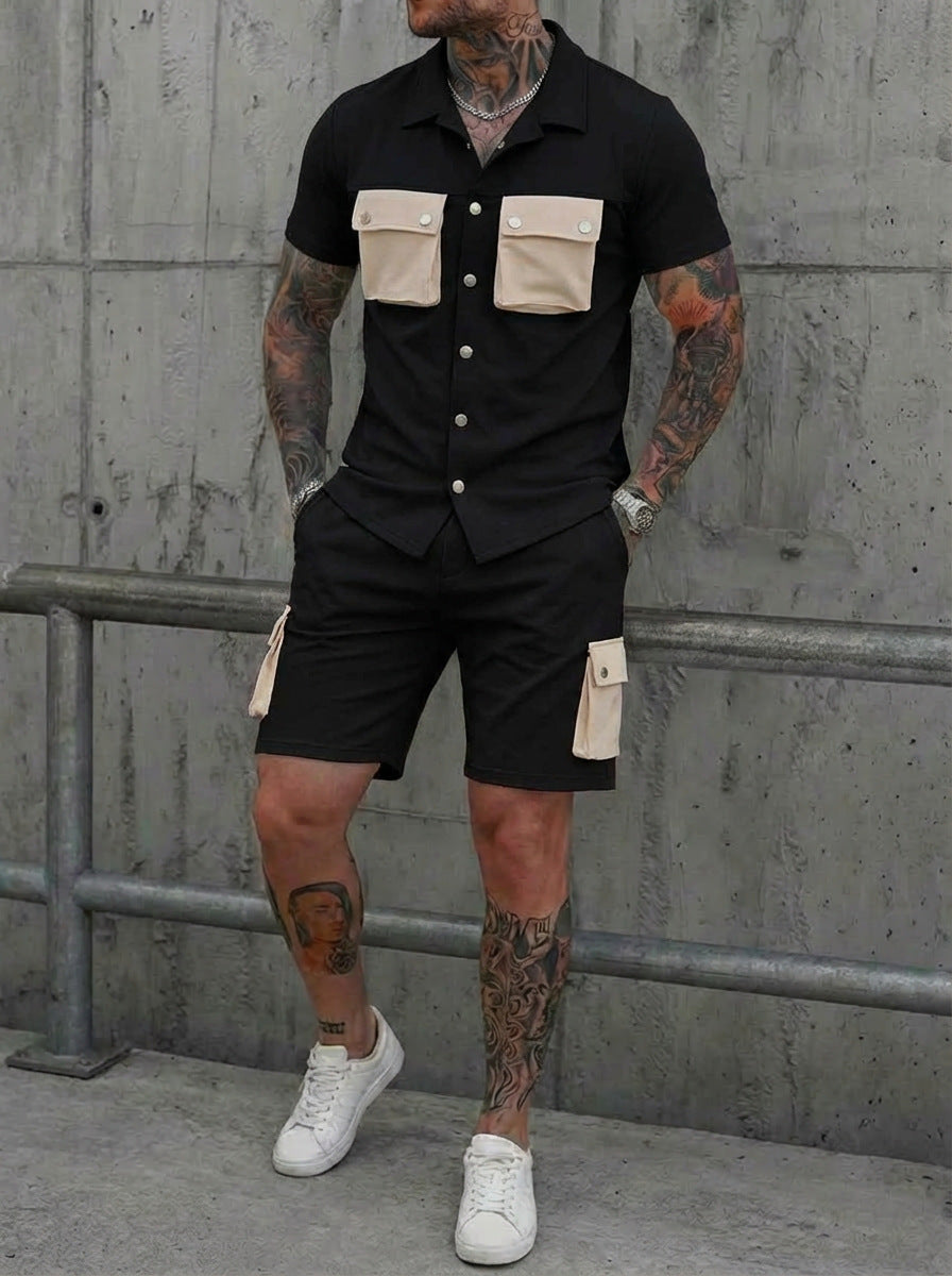 Mens Patchwork Multi-Pocket Sport Suit