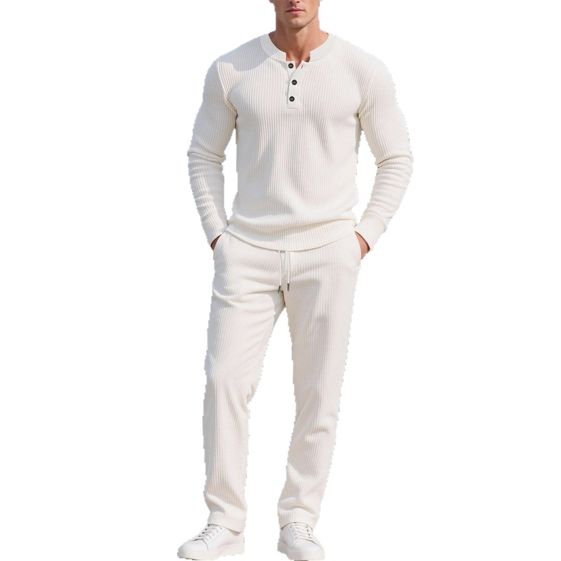 Mens Casual Solid-Color Button-Down Crew-Neck Long-Sleeve Pants Set