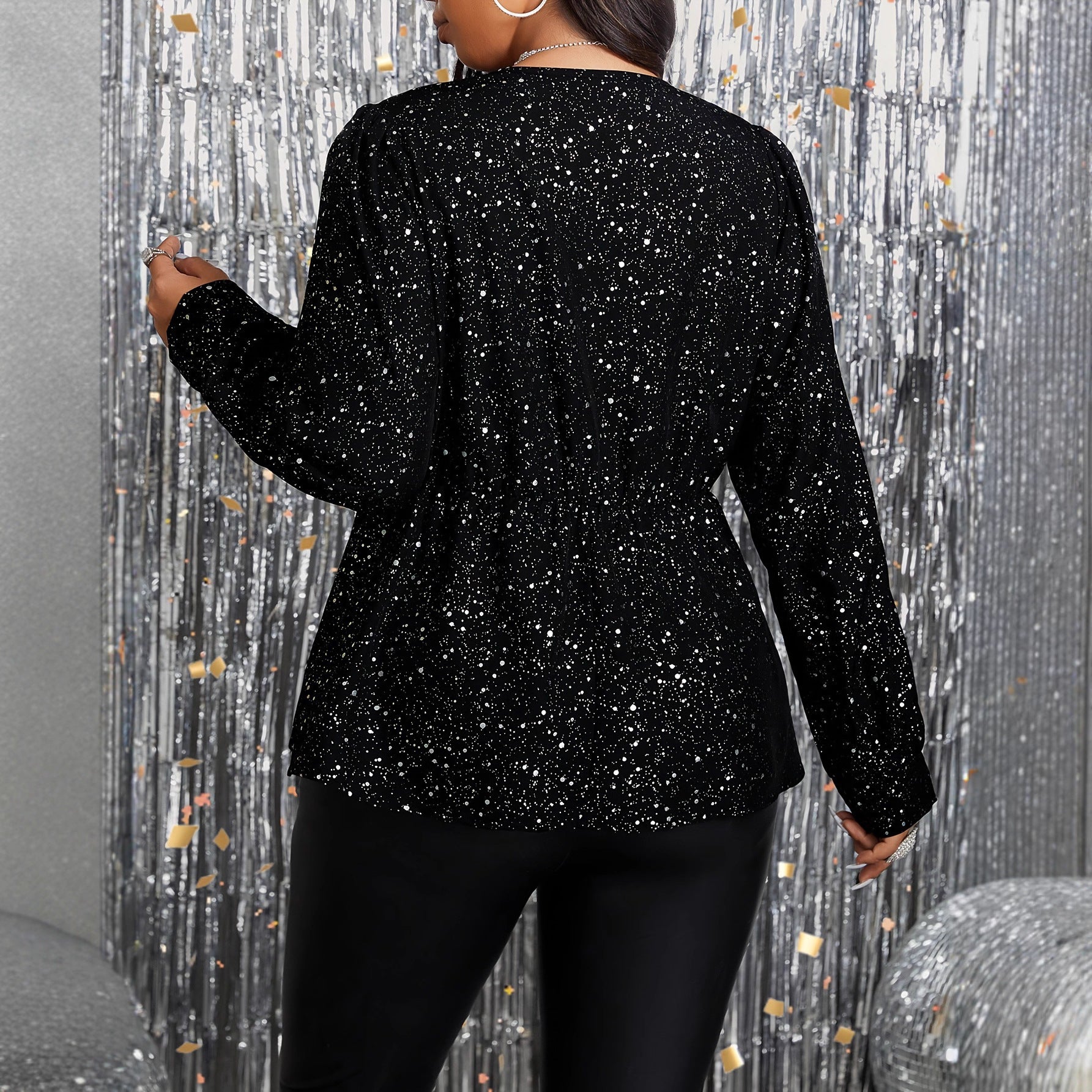 Womens Long-Sleeve Gold-Embossed Sparkly Ruffled Bodycon Party And Prom Top