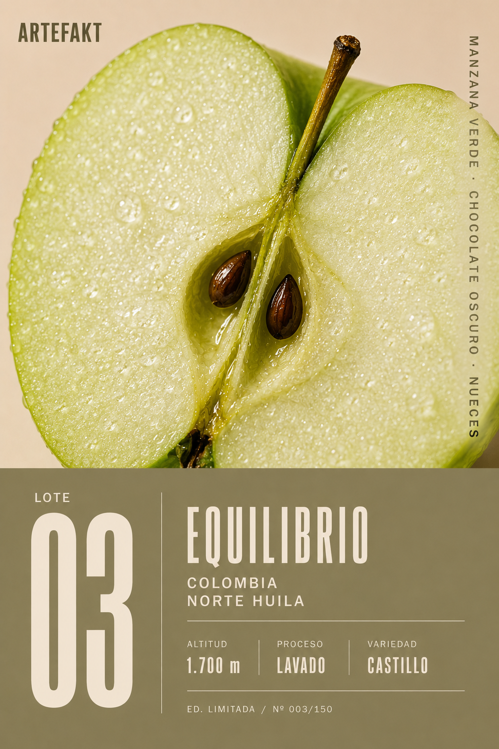 Poster Artefakt Lote 03 Equilibrio — Colombia Norte Huila, manzana verde sobre fondo oliva