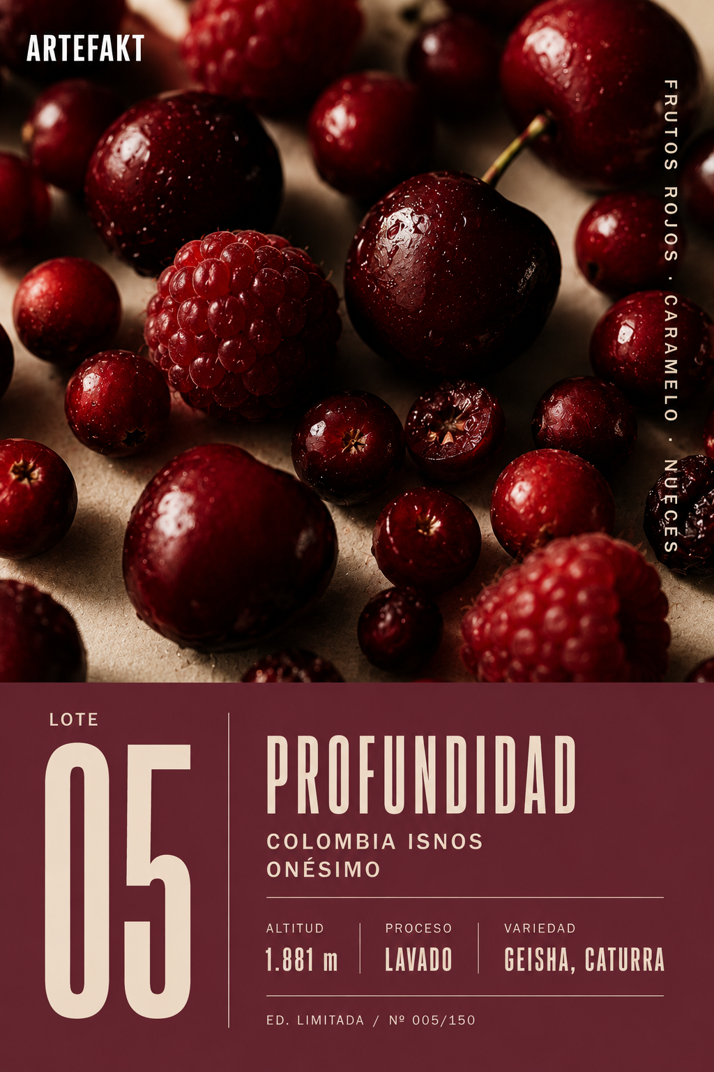 Poster Artefakt Lote 05 Profundidad — Colombia Isnos Onésimo, frutos rojos sobre fondo burdeos