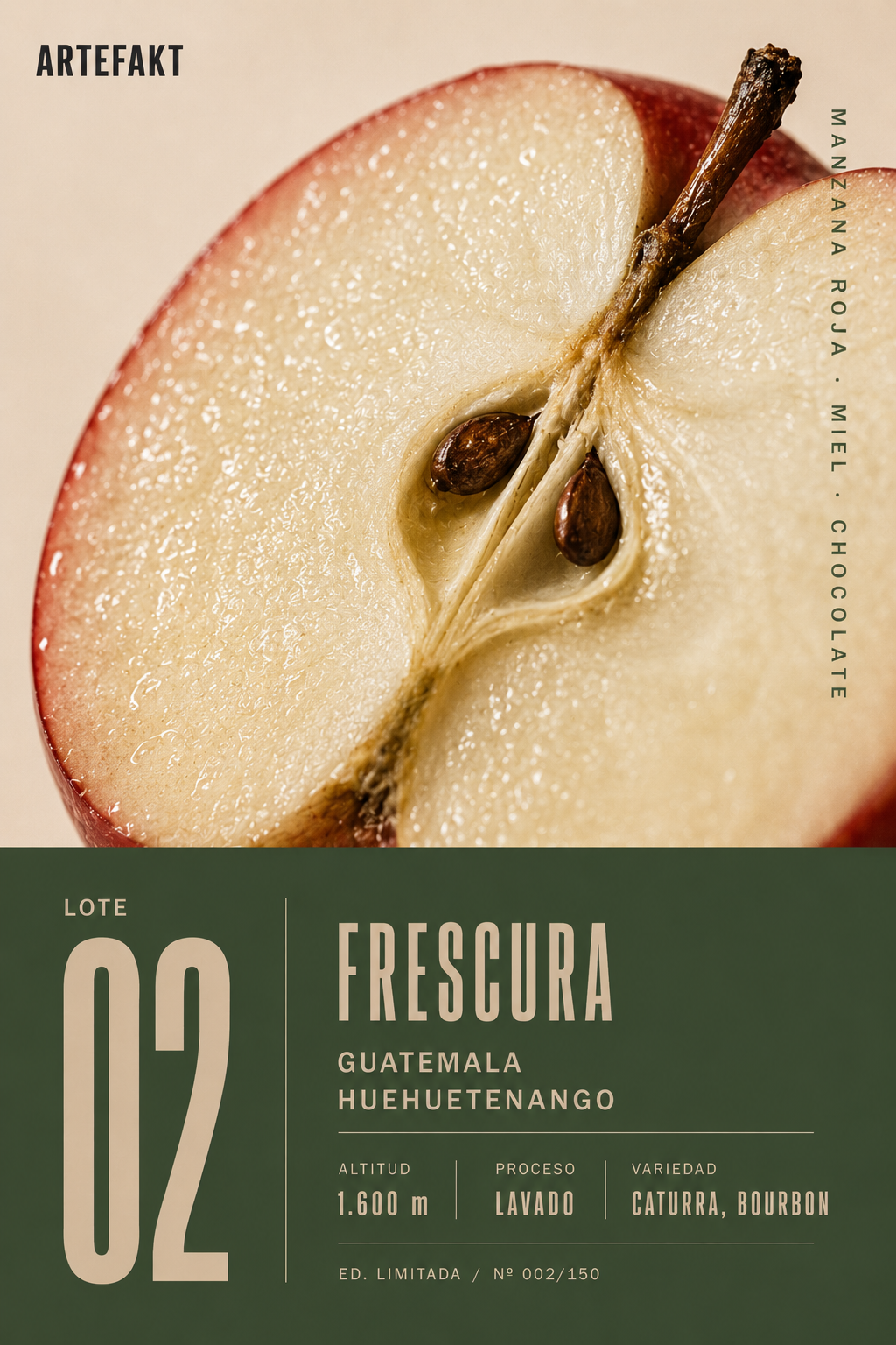 Poster Artefakt Lote 02 Frescura — Guatemala Huehuetenango, manzana roja sobre fondo verde