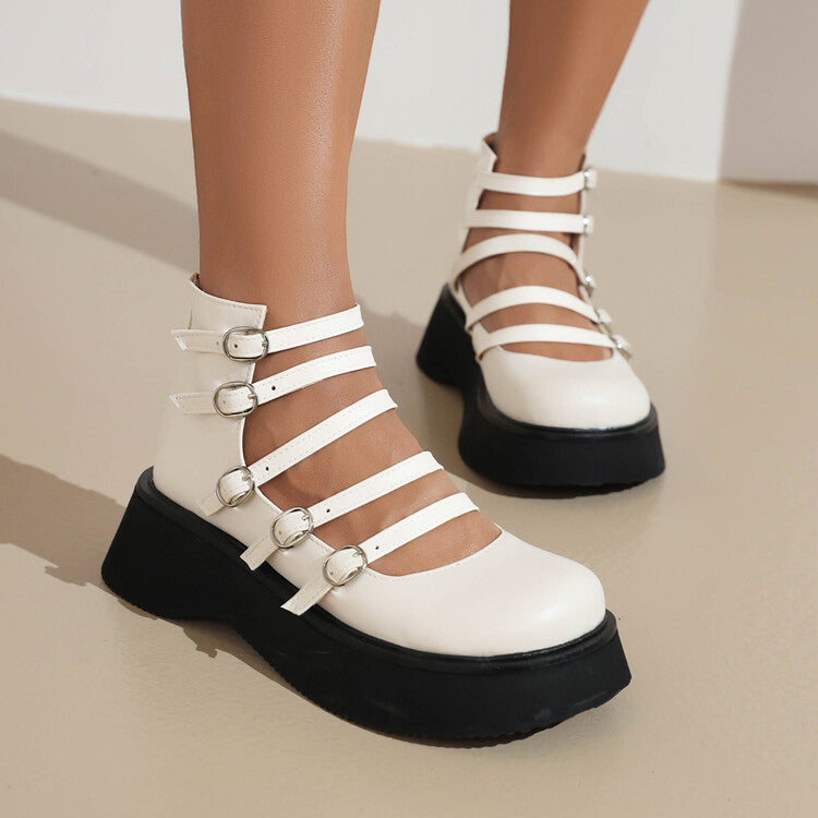 Womens High-top Shoes With A Thick Hollowed-out Leather Belt Buckle