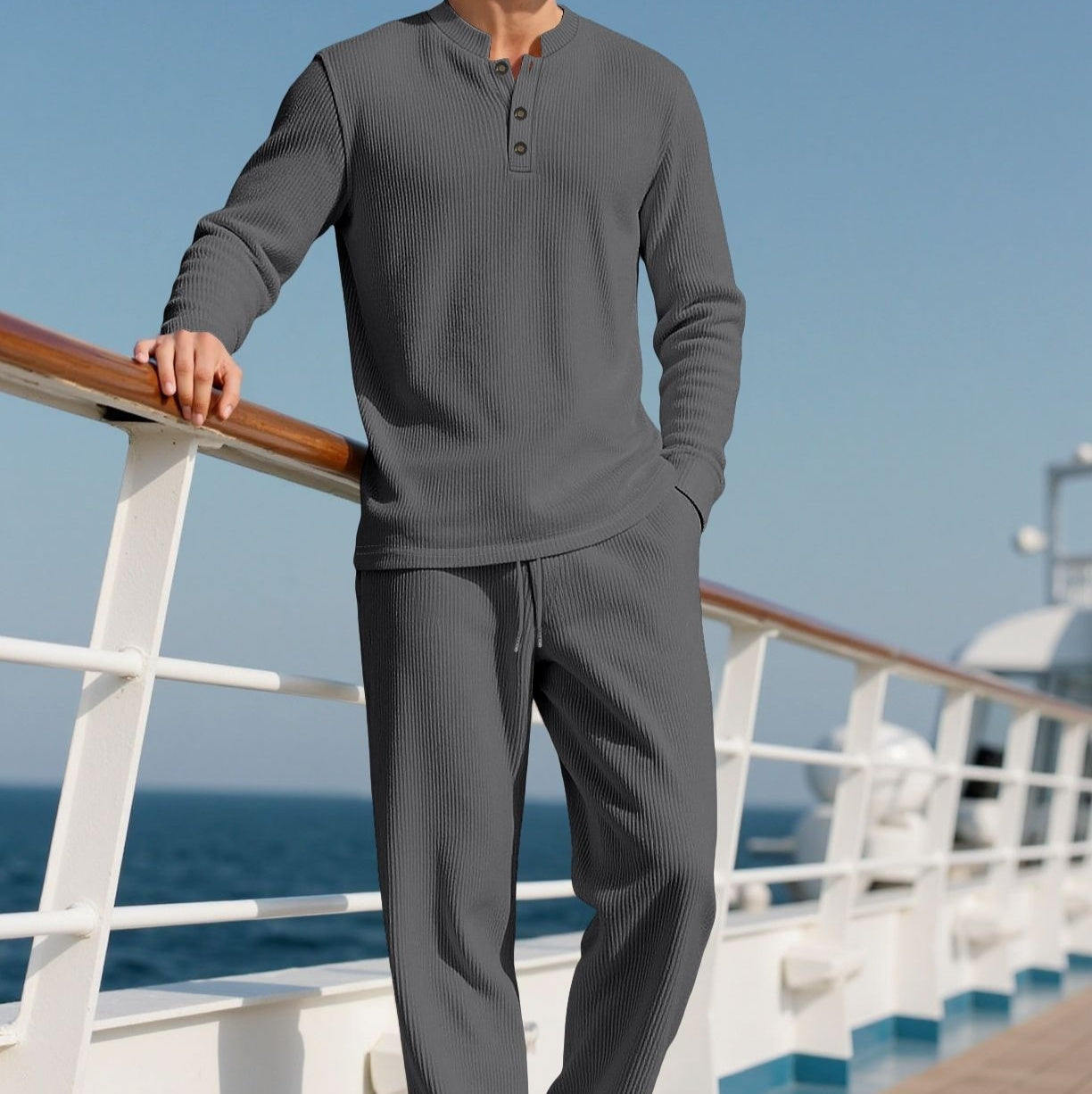 Mens Casual Solid-Color Button-Down Crew-Neck Long-Sleeve Pants Set