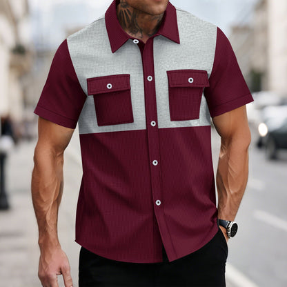Mens Waffle-Weave Lapel Casual Short-Sleeve Shirt