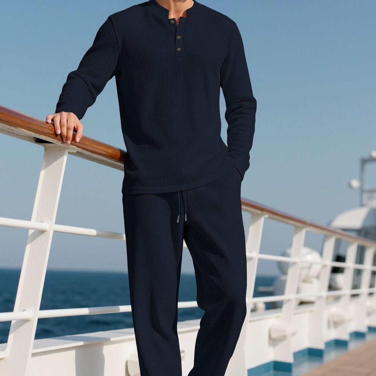 Mens Casual Solid-Color Button-Down Crew-Neck Long-Sleeve Pants Set