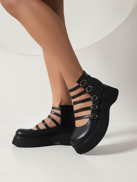 Womens High-top Shoes With A Thick Hollowed-out Leather Belt Buckle