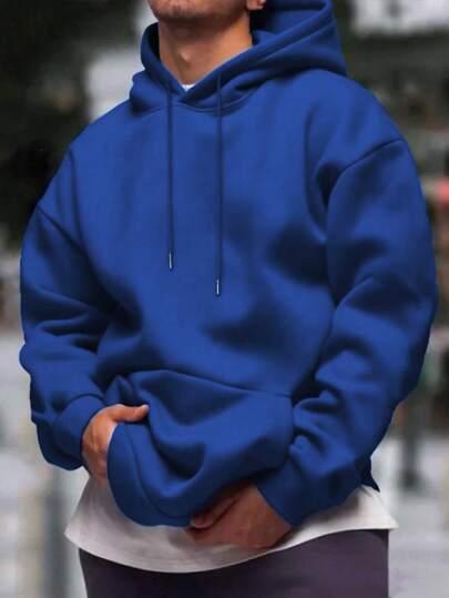 Mens Solid-Color Drop-Shoulder Long-Sleeve Hoodie