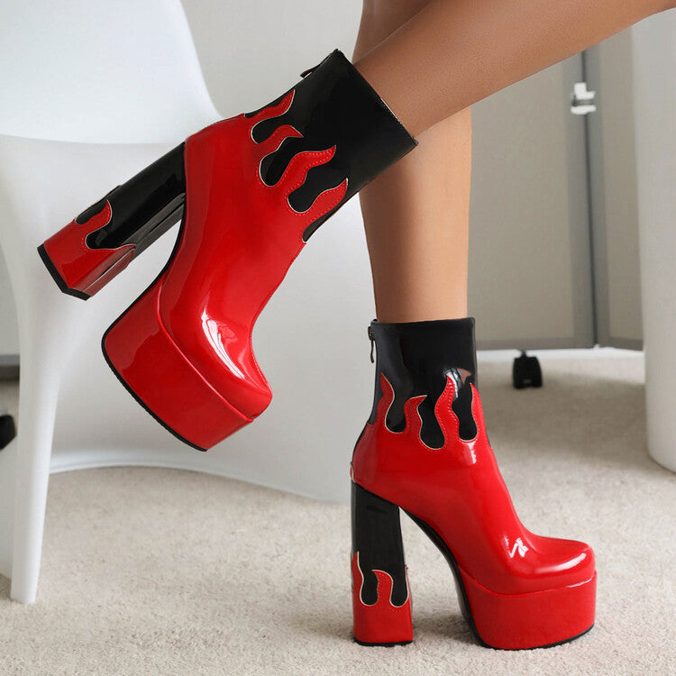 Womens Patent Leather Colorblock Ankle Boots