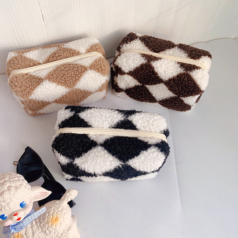 Niche Design Plaid Plush Pencil Case Large-Capacity Storage Bag