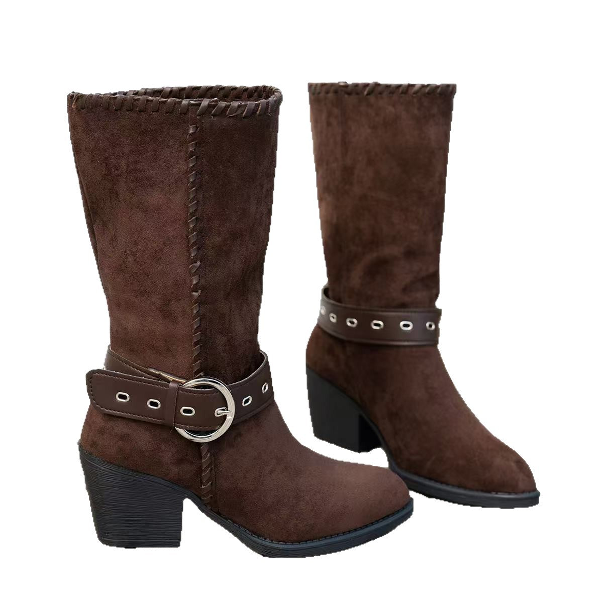 Pointed-toe Mid-calf Fashion Boots With A Belt Buckle