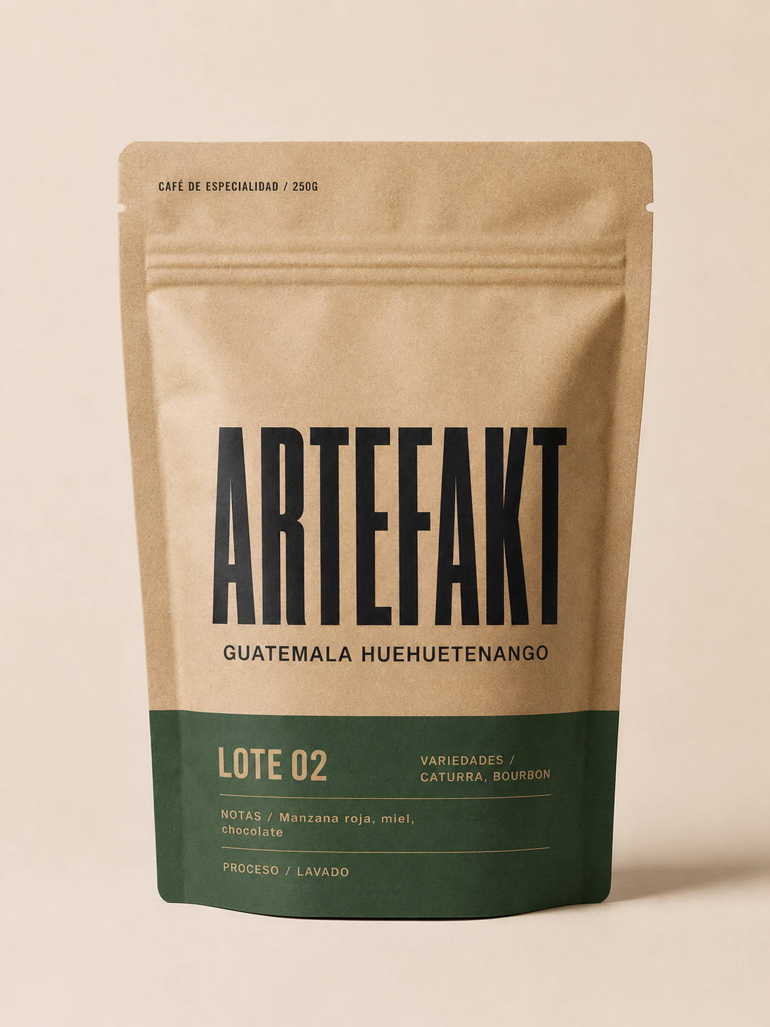 Artefakt Lote 02 Frescura — Guatemala Huehuetenango finca Vides, packaging verde oscuro 250g, Caturra Bourbon lavado