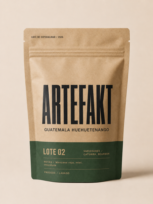 Artefakt Lote 02 Frescura — Guatemala Huehuetenango finca Vides, packaging verde oscuro 250g, Caturra Bourbon lavado