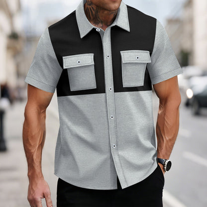 Mens Waffle-Weave Lapel Casual Short-Sleeve Shirt
