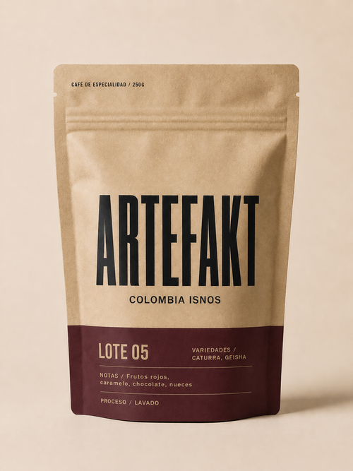 Artefakt Lote 05 Profundidad — Colombia Isnos finca Onésimo Galíndez, packaging burdeos 250g, Caturra Colombia Geisha lavado SCA 86.25
