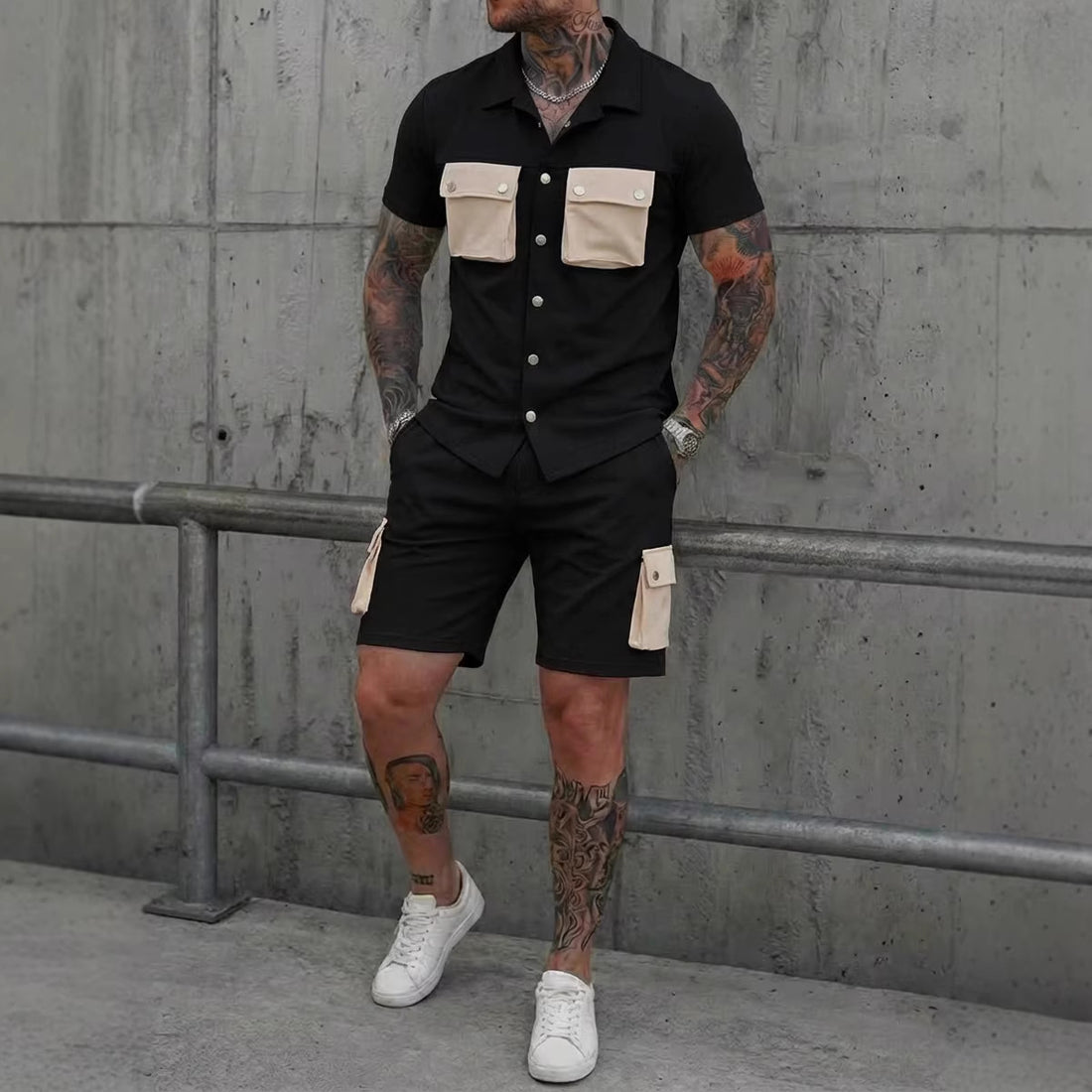 Mens Patchwork Multi-Pocket Sport Suit