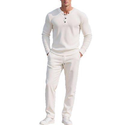 Mens Casual Solid-Color Button-Down Crew-Neck Long-Sleeve Pants Set